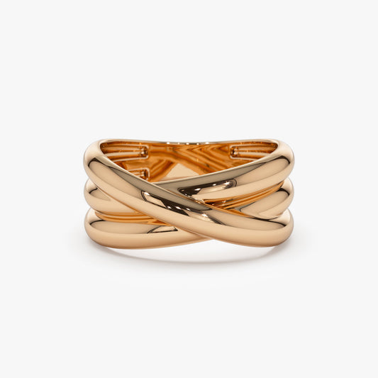 14K Solid Gold Multi-Strand Crossover Ring | Interlaced Stacking Band | Minimalist Jewelry for Women