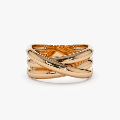 14K Solid Gold Multi-Strand Crossover Ring | Interlaced Stacking Band | Minimalist Jewelry for Women