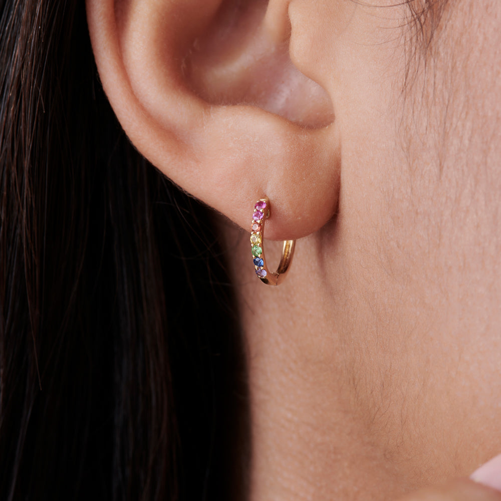 14K Multi-Gemstone Diamond Huggie Hoops | Colorful Stacking Earrings | Gold Statement Jewelry | VLOVE