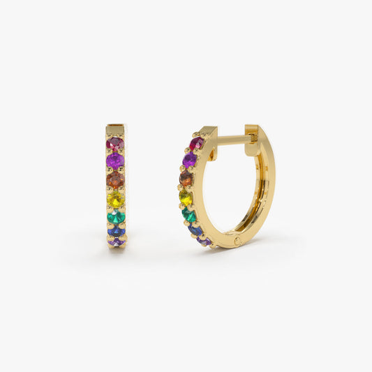 14K Multi-Gemstone Diamond Huggie Hoops | Colorful Stacking Earrings | Gold Statement Jewelry | VLOVE