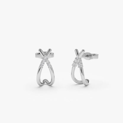 14K Gold Crisscross Diamond Huggie Earrings | Half Hoop Earrings with Round Diamonds | VLOVE Fine Jewelry