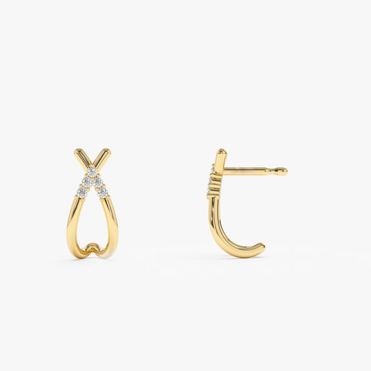 14K Gold Crisscross Diamond Huggie Earrings | Half Hoop Earrings with Round Diamonds | VLOVE Fine Jewelry