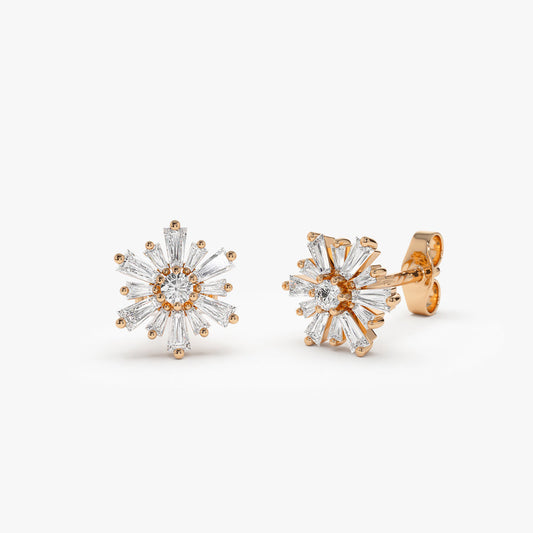 14K Tapered Baguette Diamond Snowflakes Flower Earrings | Gold Floral Stud Earrings for Women | VLOVE Fine Jewelry