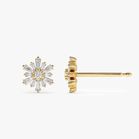 14K Tapered Baguette Diamond Snowflakes Flower Earrings | Gold Floral Stud Earrings for Women | VLOVE Fine Jewelry