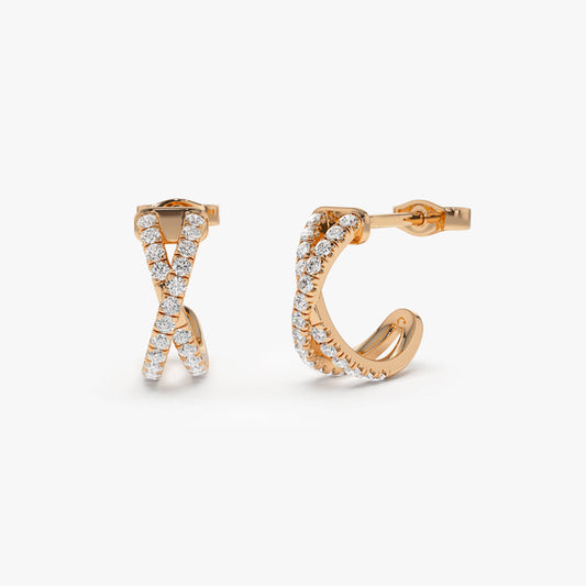 14K Gold X-Shaped Diamond Huggie Earrings | Crisscross Pave Setting Hoops | Symbolic Jewelry | VLOVE