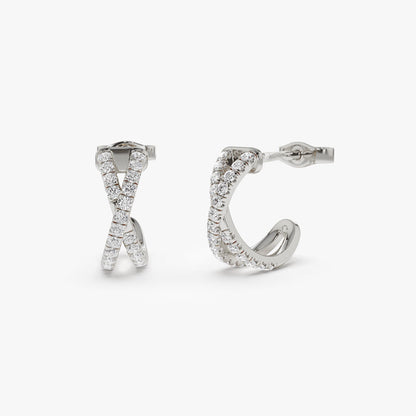 14K Gold X-Shaped Diamond Huggie Earrings | Crisscross Pave Setting Hoops | Symbolic Jewelry | VLOVE
