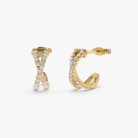 14K Gold X-Shaped Diamond Huggie Earrings | Crisscross Pave Setting Hoops | Symbolic Jewelry | VLOVE