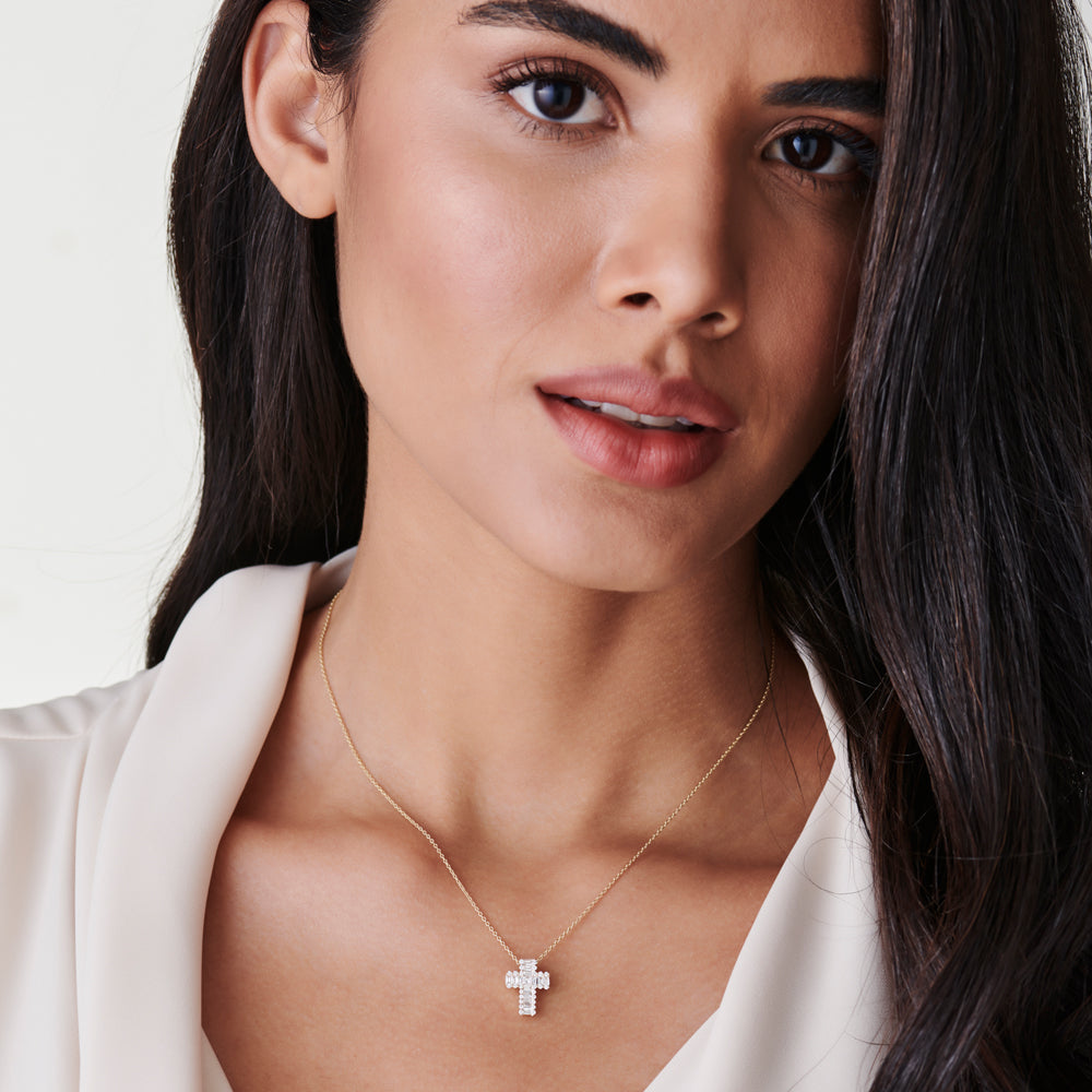 14K Gold Cross Pendant with Baguette & Round Diamonds | Unique Faith-Based Jewelry | Luxury Religious Gift | VLOVE