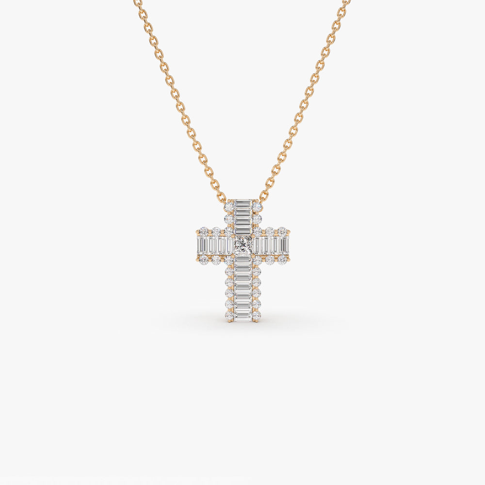 14K Gold Cross Pendant with Baguette & Round Diamonds | Unique Faith-Based Jewelry | Luxury Religious Gift | VLOVE