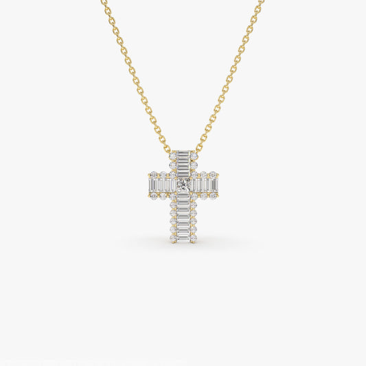 14K Gold Cross Pendant with Baguette & Round Diamonds | Unique Faith-Based Jewelry | Luxury Religious Gift | VLOVE