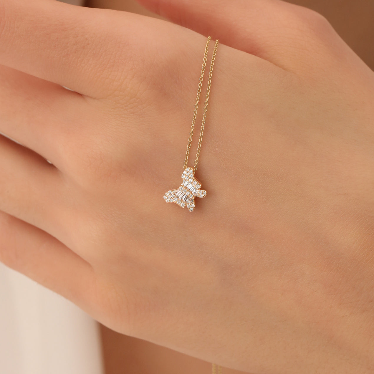 14K Baguette Diamond Butterfly Necklace | Solid Gold Nature-Inspired Jewelry | Elegant Gift for Women | VLOVE