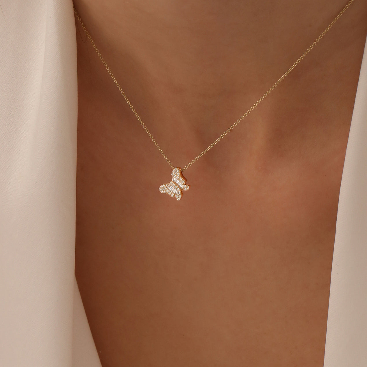 14K Baguette Diamond Butterfly Necklace | Solid Gold Nature-Inspired Jewelry | Elegant Gift for Women | VLOVE