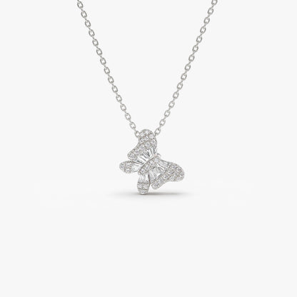 14K Baguette Diamond Butterfly Necklace | Solid Gold Nature-Inspired Jewelry | Elegant Gift for Women | VLOVE