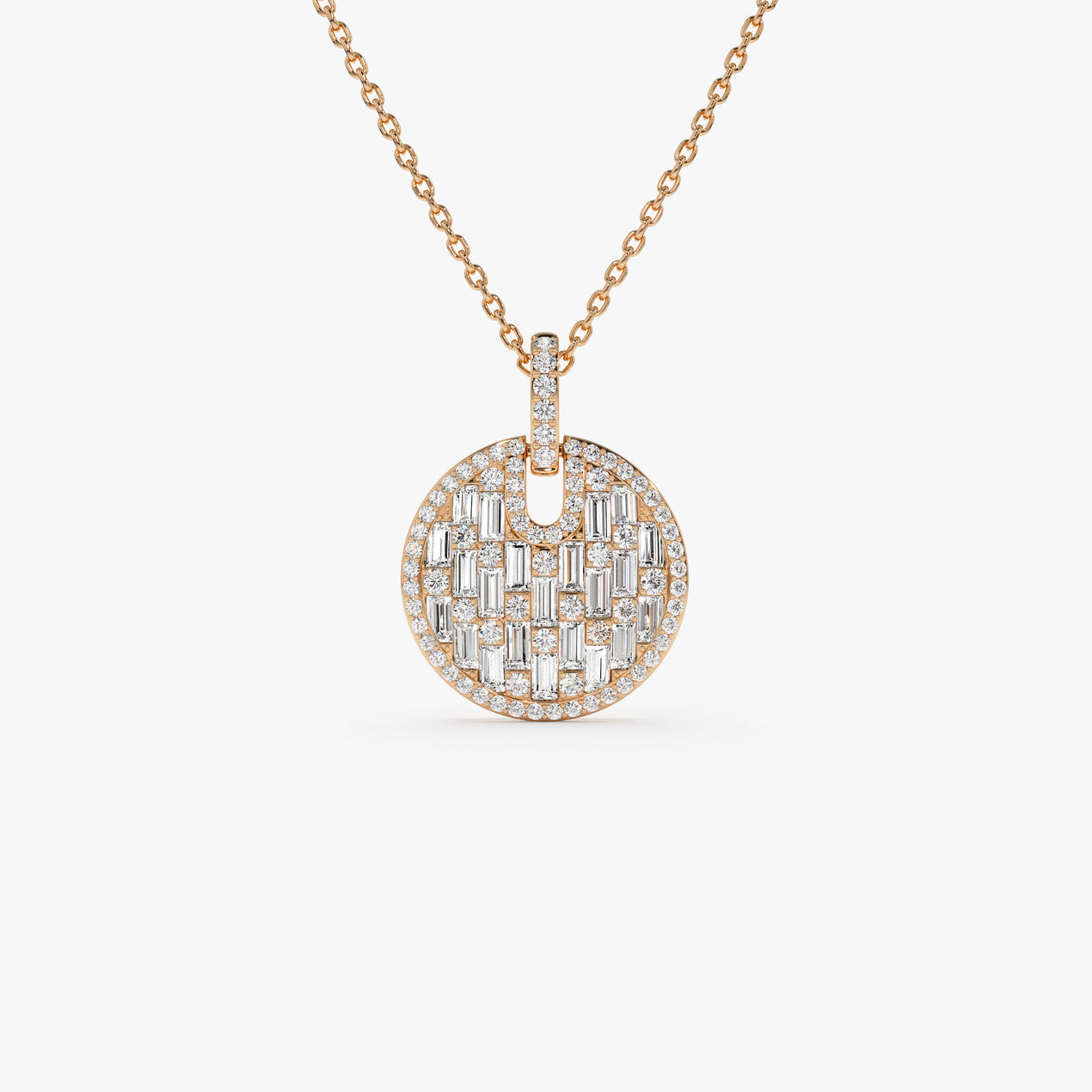 14K Baguette and Round Diamond Disc Necklace | Unique Gold Pendant | Women's Luxury Jewelry | VLOVE