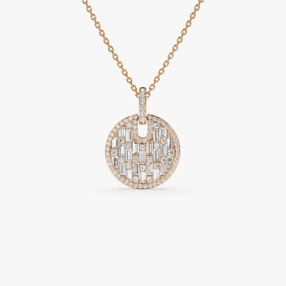 14K Baguette and Round Diamond Disc Necklace | Unique Gold Pendant | Women's Luxury Jewelry | VLOVE