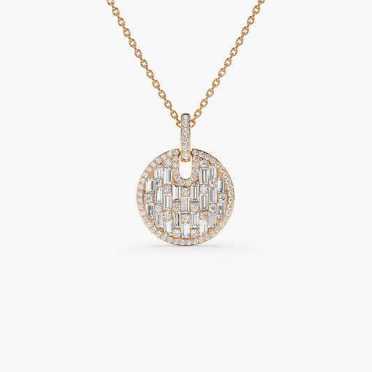 14K Baguette and Round Diamond Disc Necklace | Unique Gold Pendant | Women's Luxury Jewelry | VLOVE