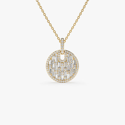 14K Baguette and Round Diamond Disc Necklace | Unique Gold Pendant | Women's Luxury Jewelry | VLOVE