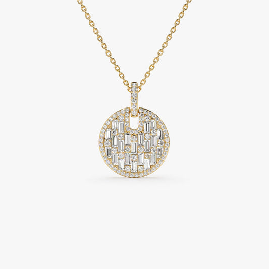 14K Baguette and Round Diamond Disc Necklace | Unique Gold Pendant | Women's Luxury Jewelry | VLOVE