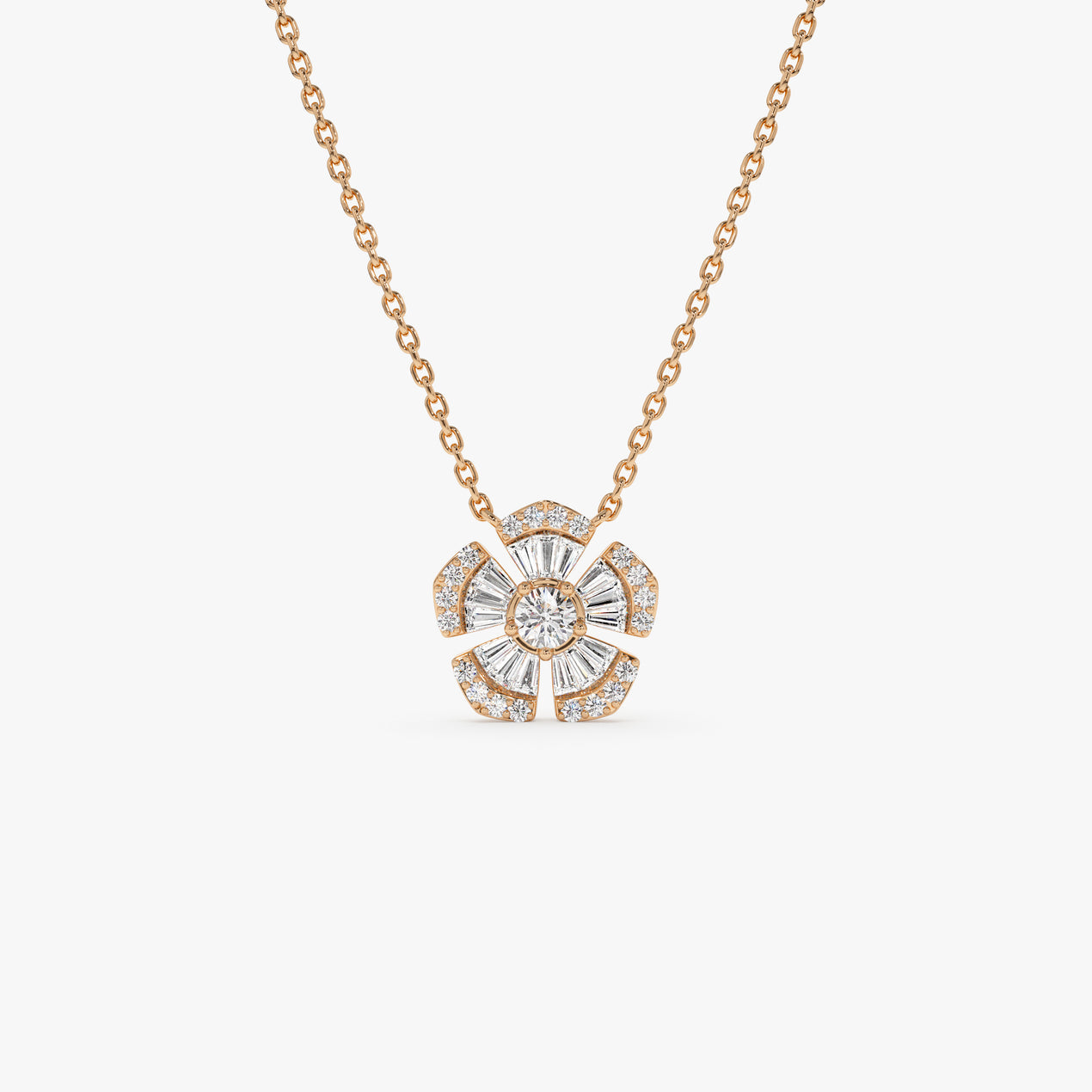 14K Floral Diamond Necklace | Baguette & Round Cut Diamond Flower | Gold Botanical Jewelry | VLOVE