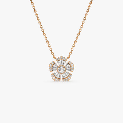 14K Floral Diamond Necklace | Baguette & Round Cut Diamond Flower | Gold Botanical Jewelry | VLOVE