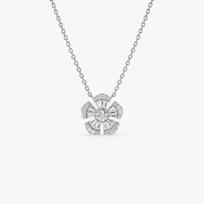 14K Floral Diamond Necklace | Baguette & Round Cut Diamond Flower | Gold Botanical Jewelry | VLOVE