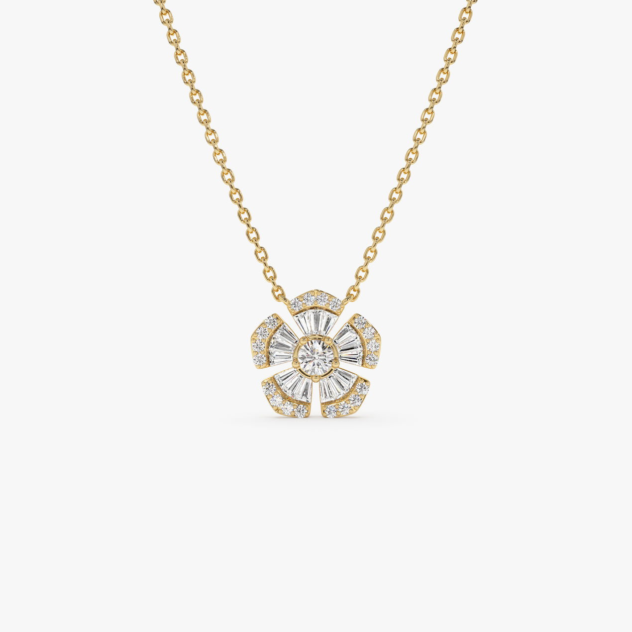 14K Floral Diamond Necklace | Baguette & Round Cut Diamond Flower | Gold Botanical Jewelry | VLOVE