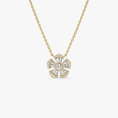 14K Floral Diamond Necklace | Baguette & Round Cut Diamond Flower | Gold Botanical Jewelry | VLOVE