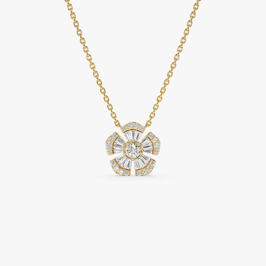 14K Floral Diamond Necklace | Baguette & Round Cut Diamond Flower | Gold Botanical Jewelry | VLOVE