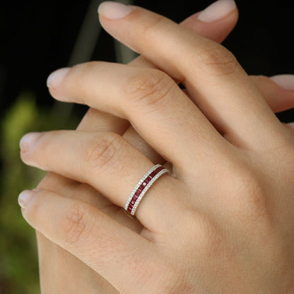 14K Half Eternity Square Ruby Ring | Princess Cut Anniversary Band | Stackable Jewelry for Women | VLOVE
