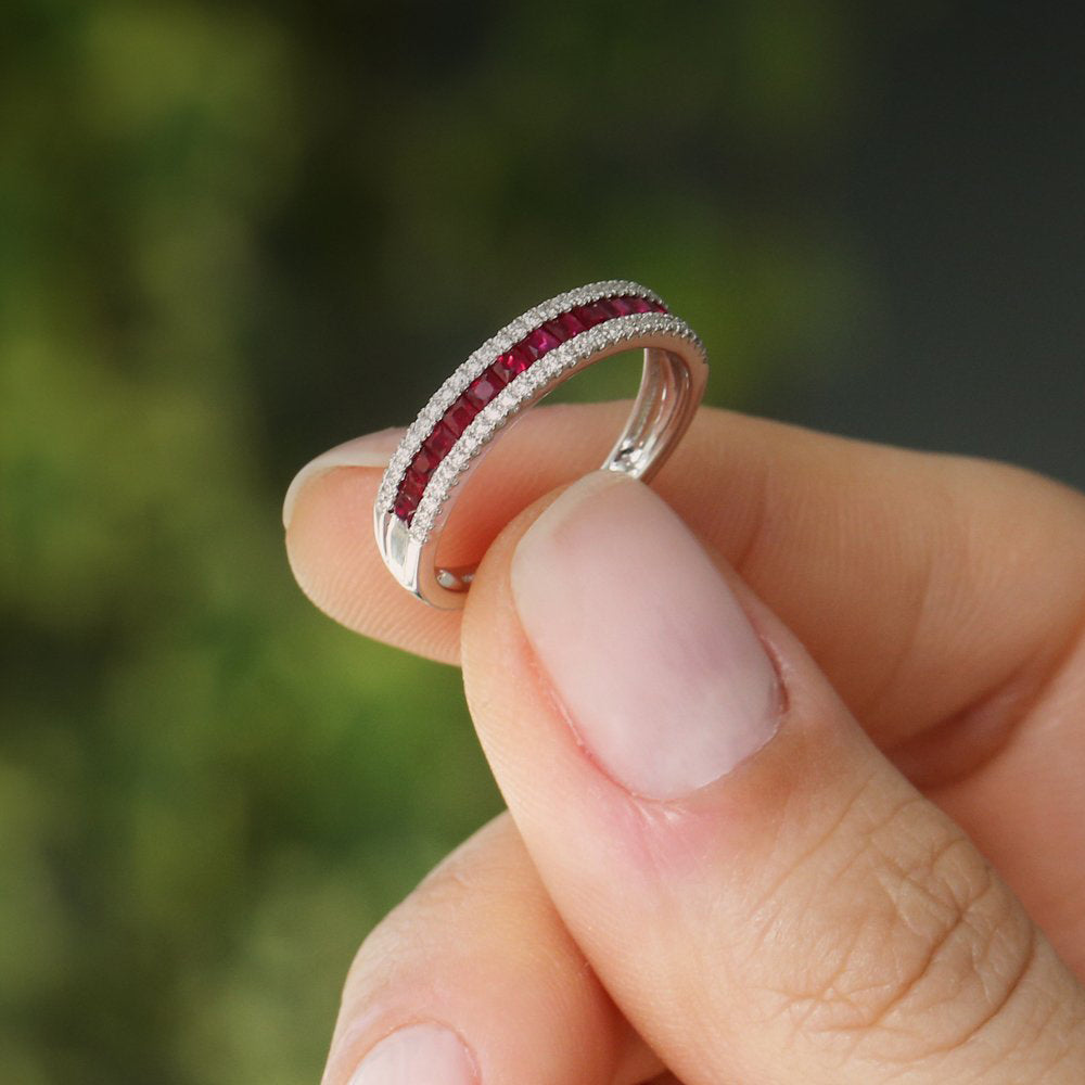 14K Half Eternity Square Ruby Ring | Princess Cut Anniversary Band | Stackable Jewelry for Women | VLOVE