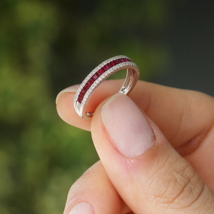 14K Half Eternity Square Ruby Ring | Princess Cut Anniversary Band | Stackable Jewelry for Women | VLOVE