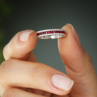 14K Half Eternity Square Ruby Ring | Princess Cut Anniversary Band | Stackable Jewelry for Women | VLOVE