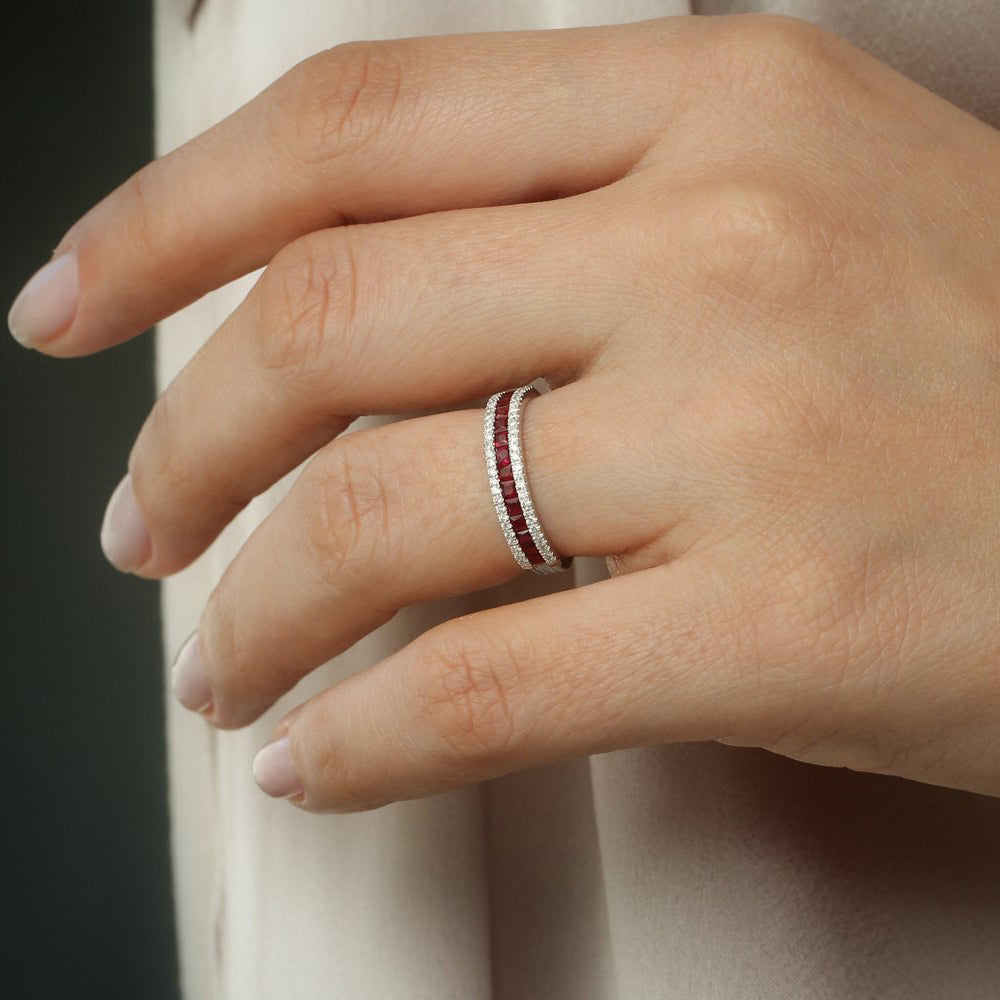 14K Half Eternity Square Ruby Ring | Princess Cut Anniversary Band | Stackable Jewelry for Women | VLOVE