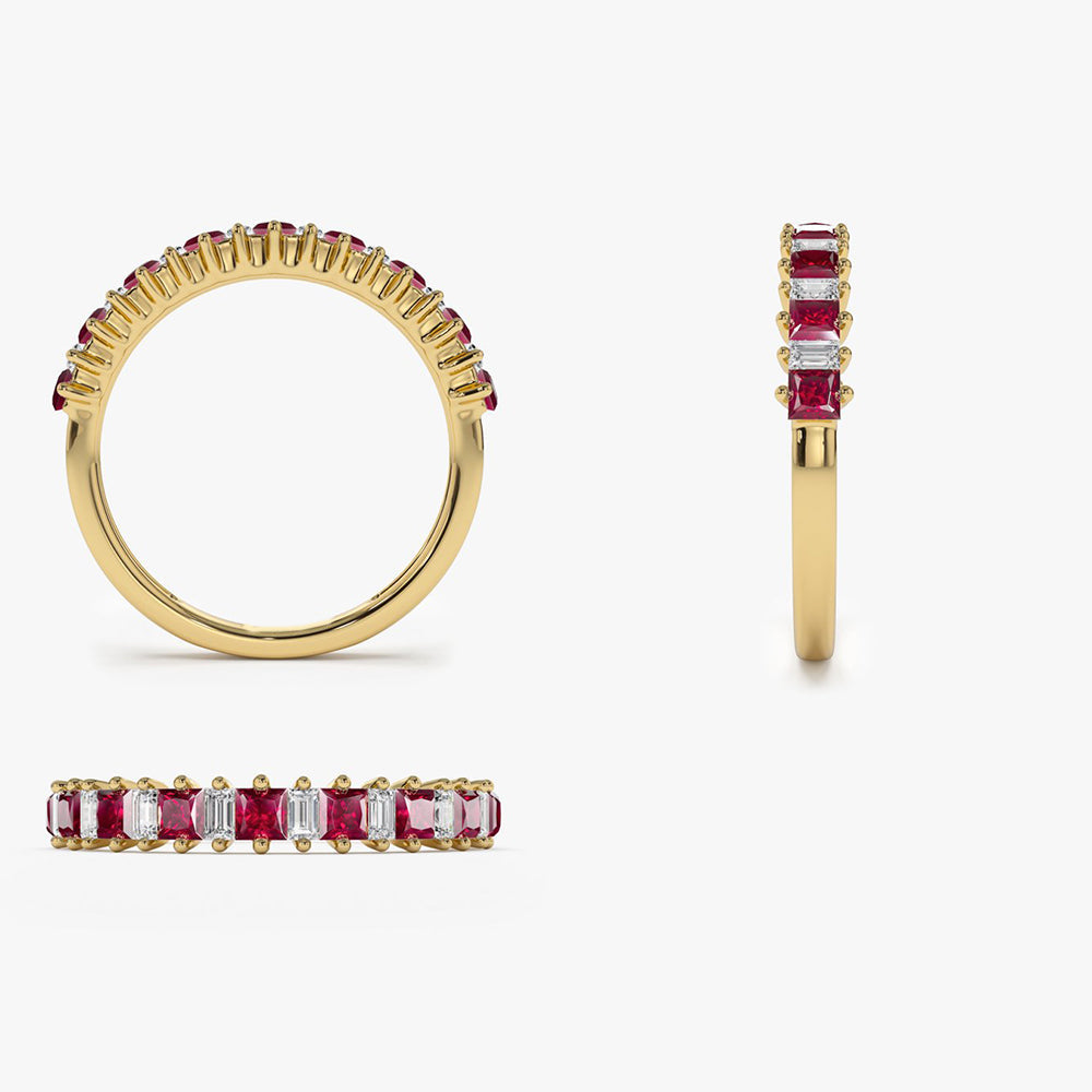 14K Princess Cut Ruby Ring | Baguette Diamond Halo Setting | Vintage Inspired Jewelry | VLOVE