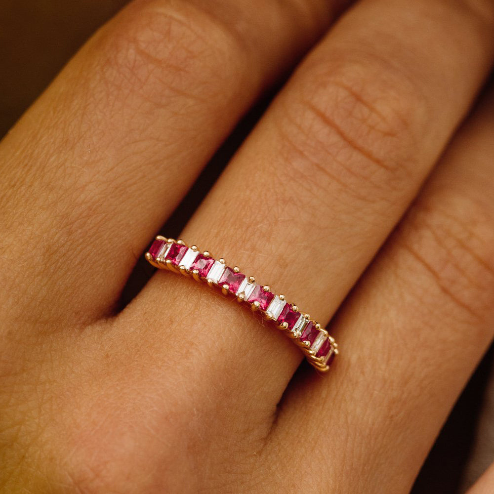 14K Princess Cut Ruby Ring | Baguette Diamond Halo Setting | Vintage Inspired Jewelry | VLOVE