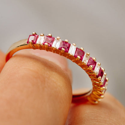 14K Princess Cut Ruby Ring | Baguette Diamond Halo Setting | Vintage Inspired Jewelry | VLOVE