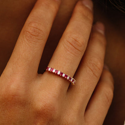 14K Princess Cut Ruby Ring | Baguette Diamond Halo Setting | Vintage Inspired Jewelry | VLOVE