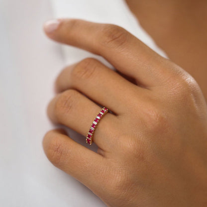 14K Princess Cut Ruby Ring | Baguette Diamond Halo Setting | Vintage Inspired Jewelry | VLOVE
