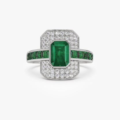 14K Art Deco Emerald and Diamond Ring | Vintage Inspired Statement Ring | Geometric Jewelry | VLOVE