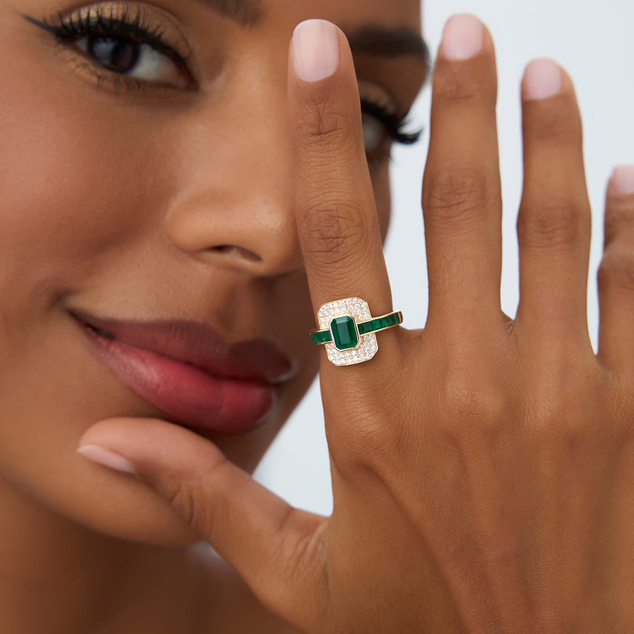 14K Art Deco Emerald and Diamond Ring | Vintage Inspired Statement Ring | Geometric Jewelry | VLOVE