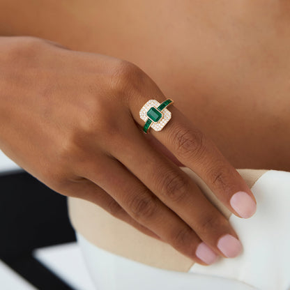 14K Art Deco Emerald and Diamond Ring | Vintage Inspired Statement Ring | Geometric Jewelry | VLOVE