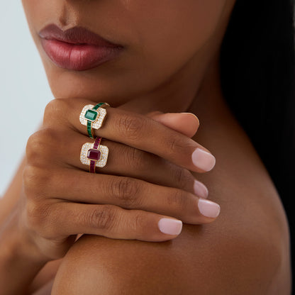 14K Art Deco Emerald and Diamond Ring | Vintage Inspired Statement Ring | Geometric Jewelry | VLOVE