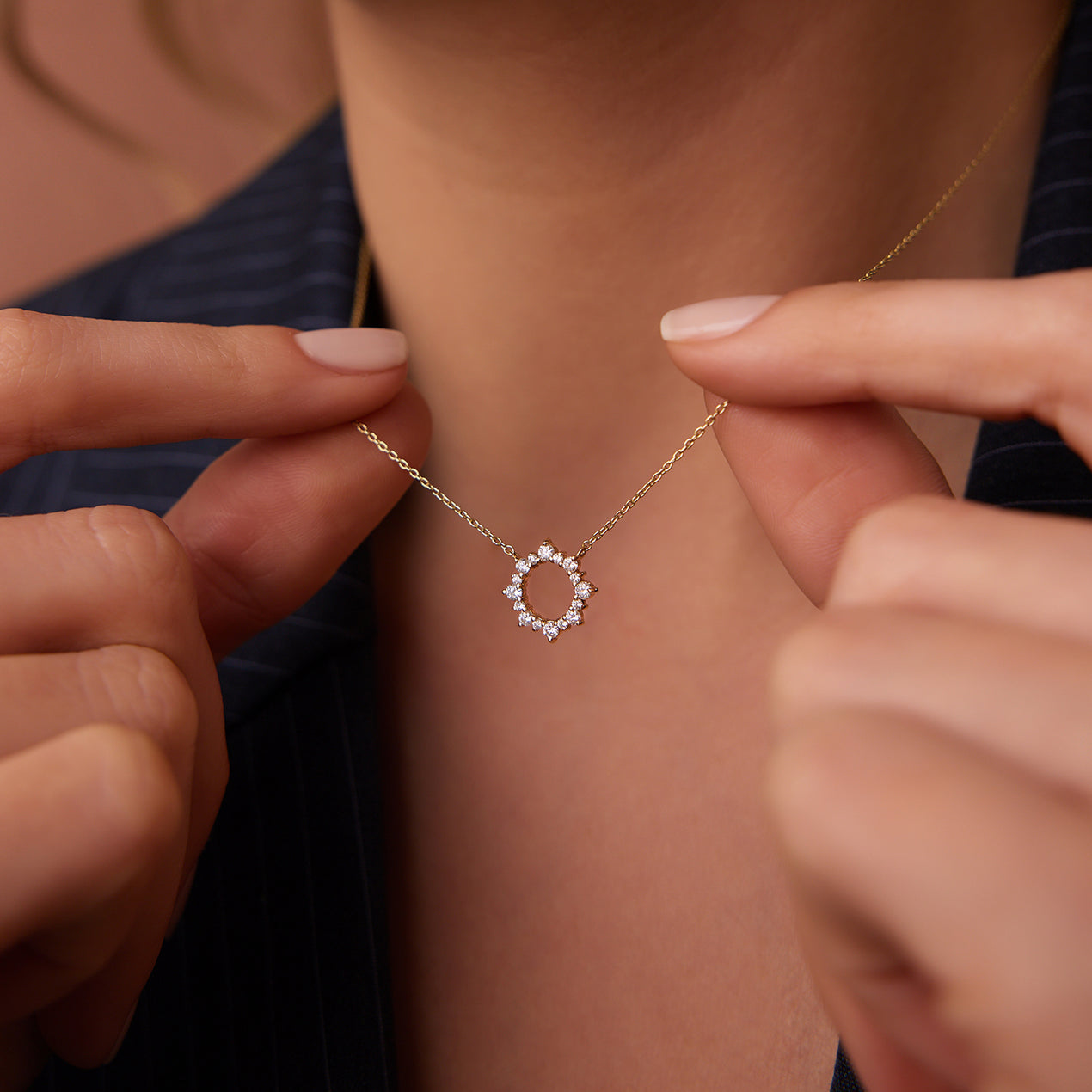 14K Gold Sun Circle Necklace | Diamond Celestial Pendant | Solar Symbol Jewelry | VLOVE