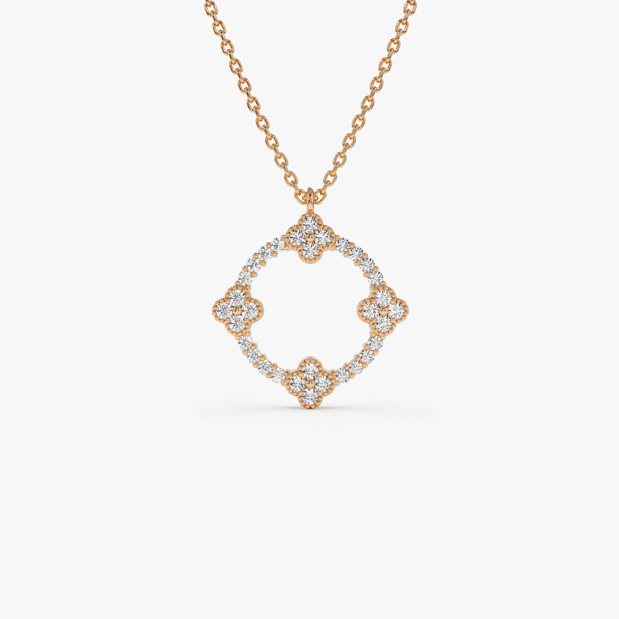 14K Solid Gold Clover Necklace | Full Diamond Circle Pendant | Lucky Symbol Jewelry | VLOVE