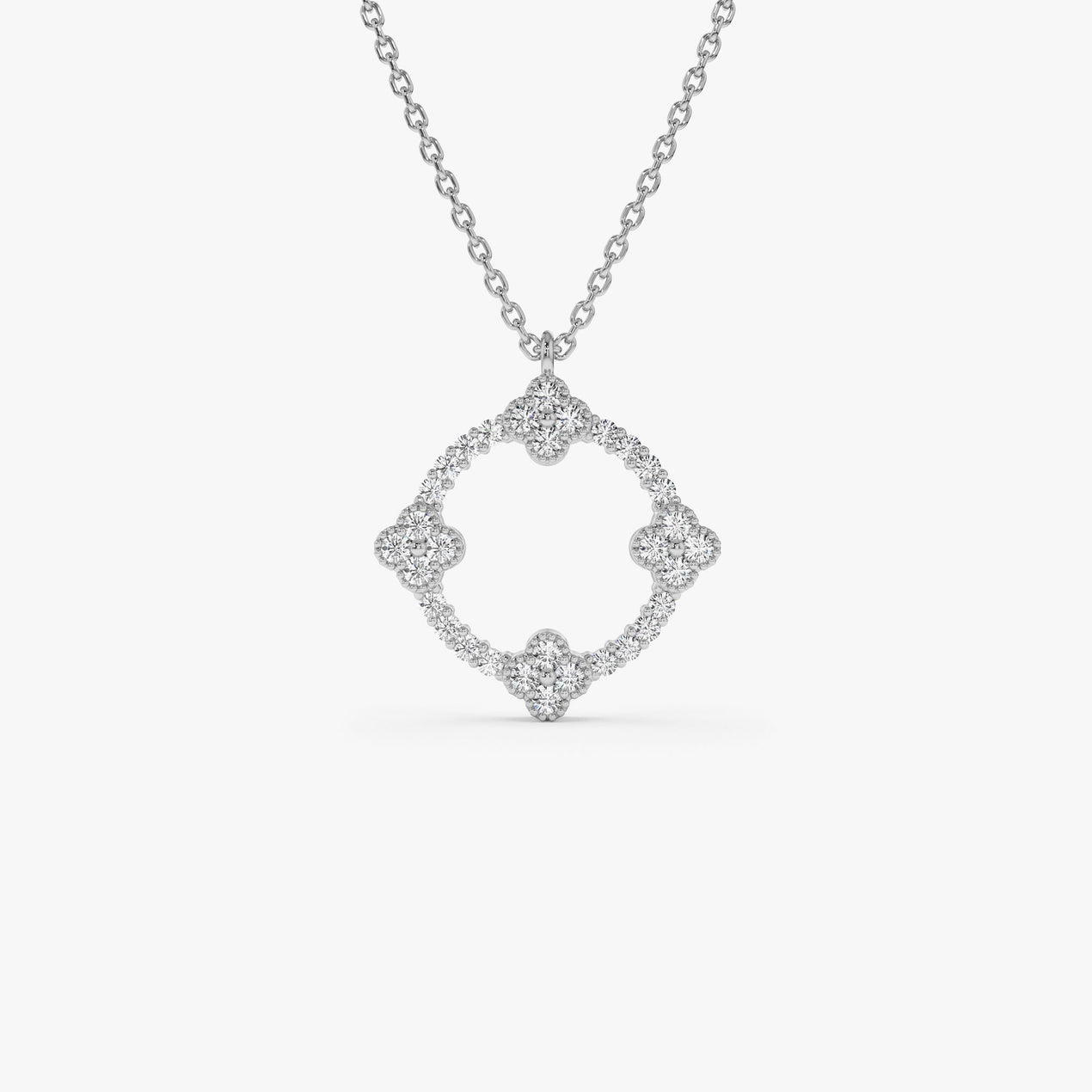 14K Solid Gold Clover Necklace | Full Diamond Circle Pendant | Lucky Symbol Jewelry | VLOVE