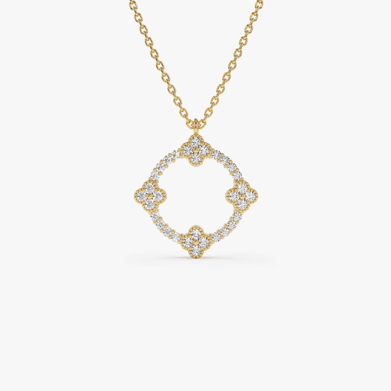 14K Solid Gold Clover Necklace | Full Diamond Circle Pendant | Lucky Symbol Jewelry | VLOVE