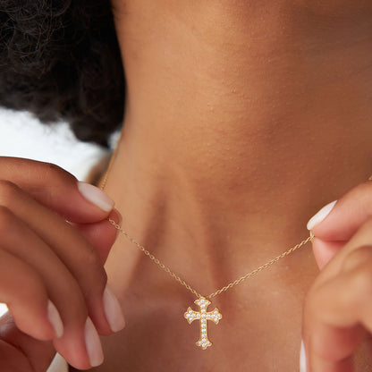 14K Gothic Diamond Cross Necklace | Pave Setting Religious Jewelry | Unisex Statement Piece | VLOVE