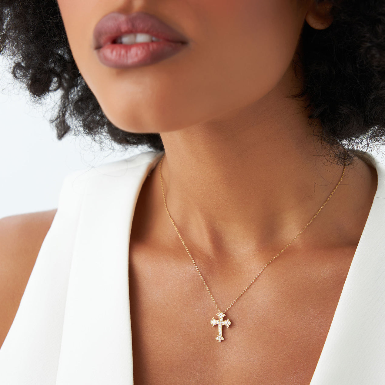 14K Gothic Diamond Cross Necklace | Pave Setting Religious Jewelry | Unisex Statement Piece | VLOVE