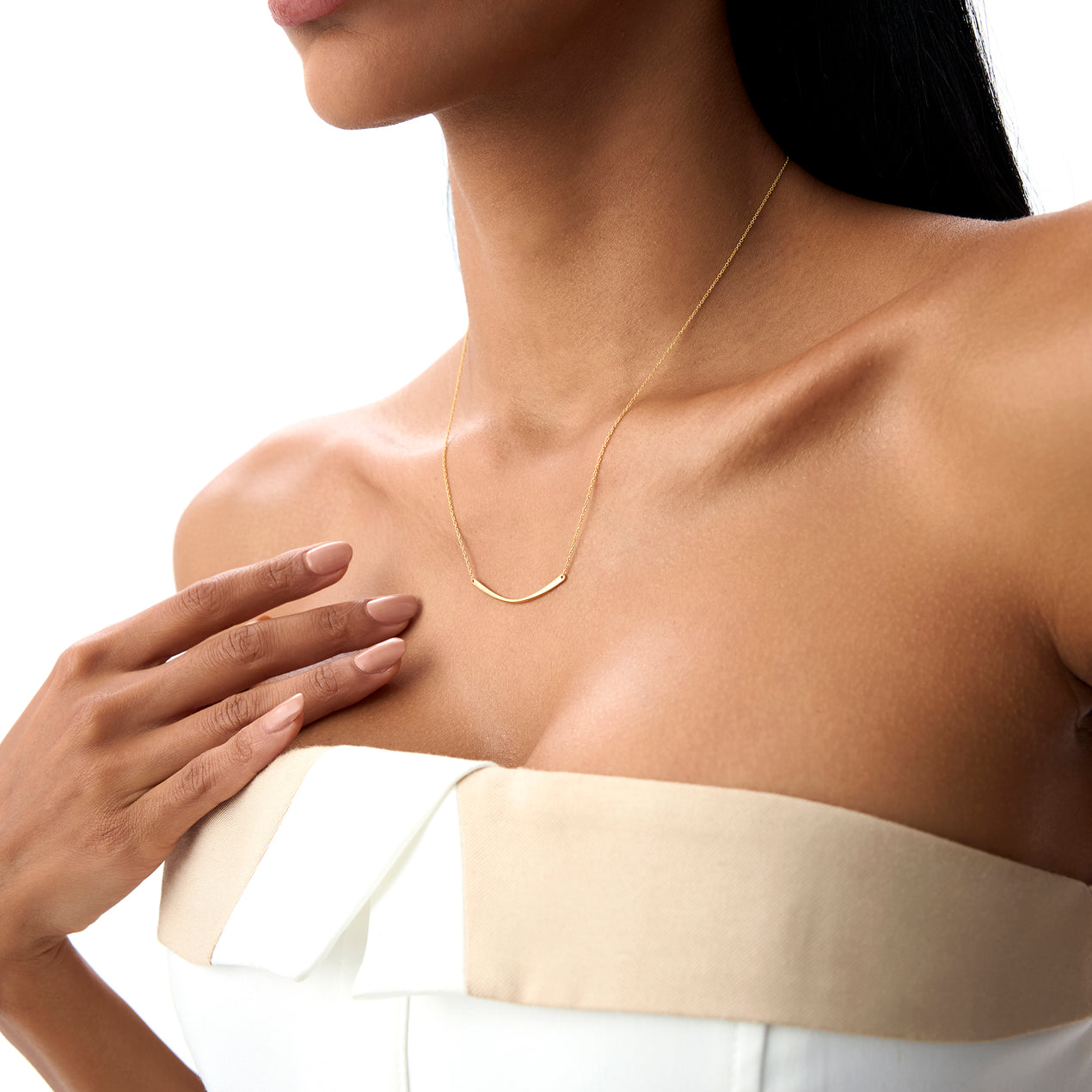 14K Gold Curved Bar Necklace | Minimalist Pendant Jewelry | Modern Layering Chain for Women | VLOVE