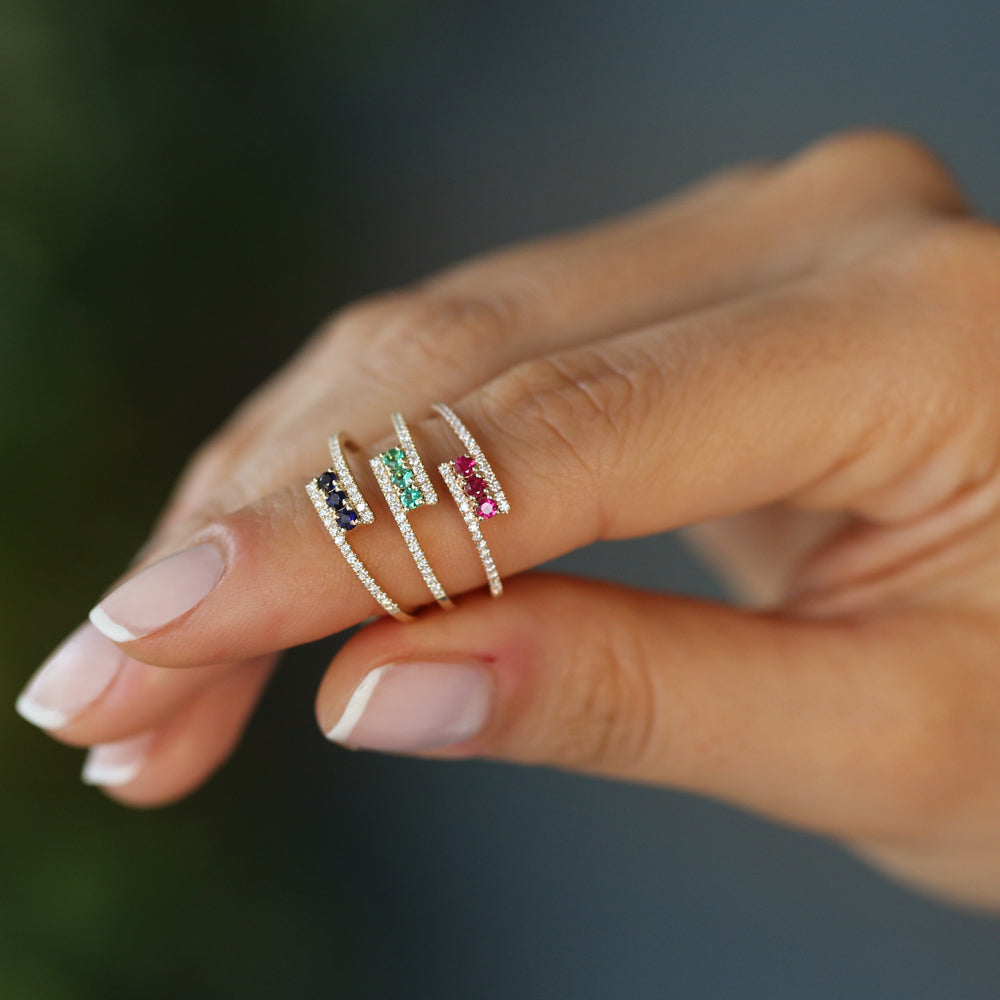 14K Cross Over Diamond Ring | Round Emerald Accents | Vintage Inspired Stackable Band | VLOVE